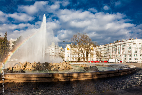 Photography View of the beautiful buildings at Vienna city center and the fountain at Schwar
