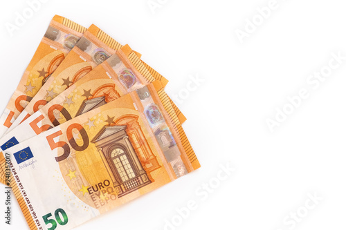 50 euro banknotes are isolated on a white background. Closeup details.