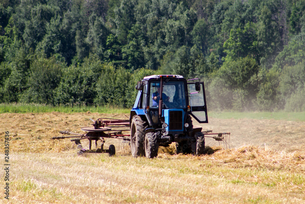 Tractor removes the straw after the grain harvest
