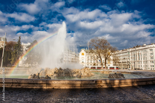 View of the beautiful buildings at Vienna city center and the fountain at Schwarzenbergplatz