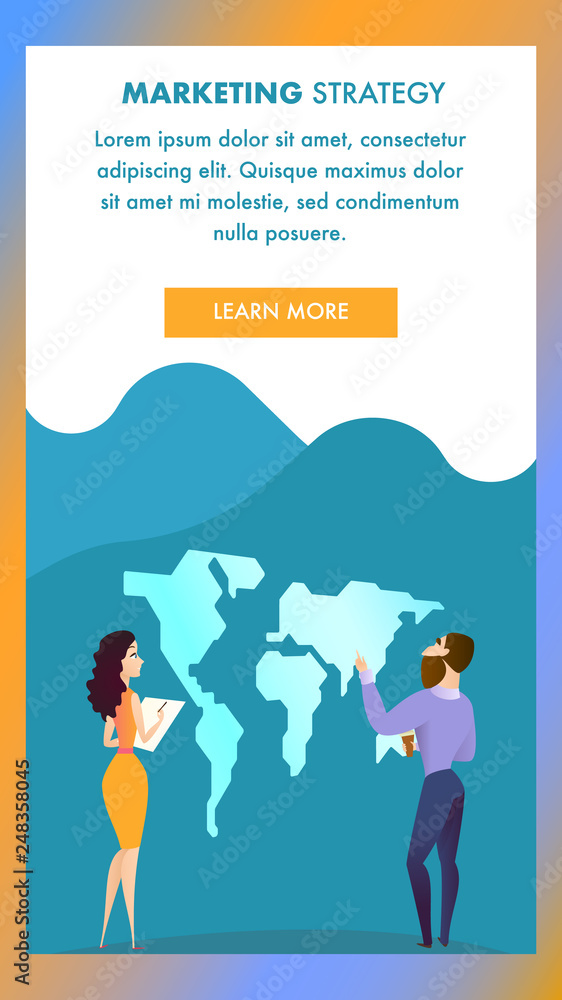 Young Man and Woman Stand at World Map Banner Young Man and Woman Stand at World Map Banner