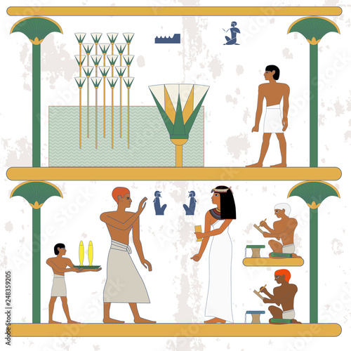 Ancient egypt background. Egypt man walking along marsh. Rich people feast. Historical background.Ancient people