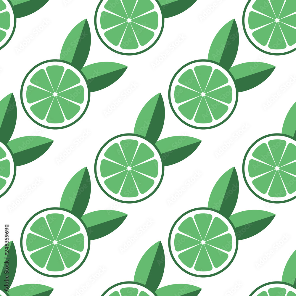 Lime sliced with leaves. seamless pattern lime on white background. EPS 10. Vector illustration