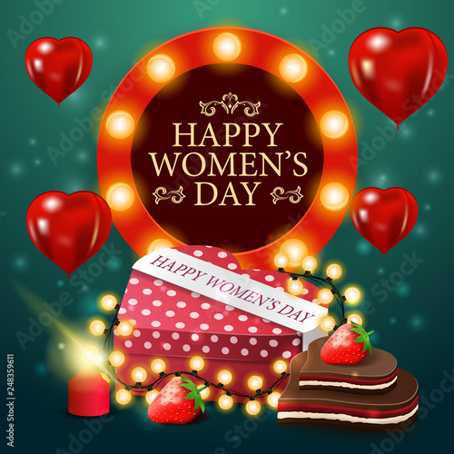 Women s day greeting green card template with gift in the shape of a heart