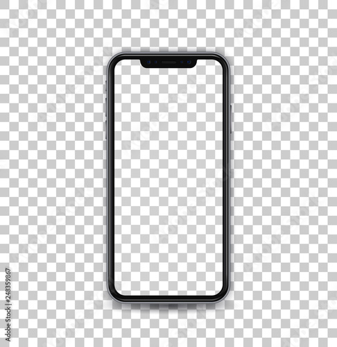 New black concept of mobile phone with camera and volume buttons, transparent screen and isolated, vector quality.