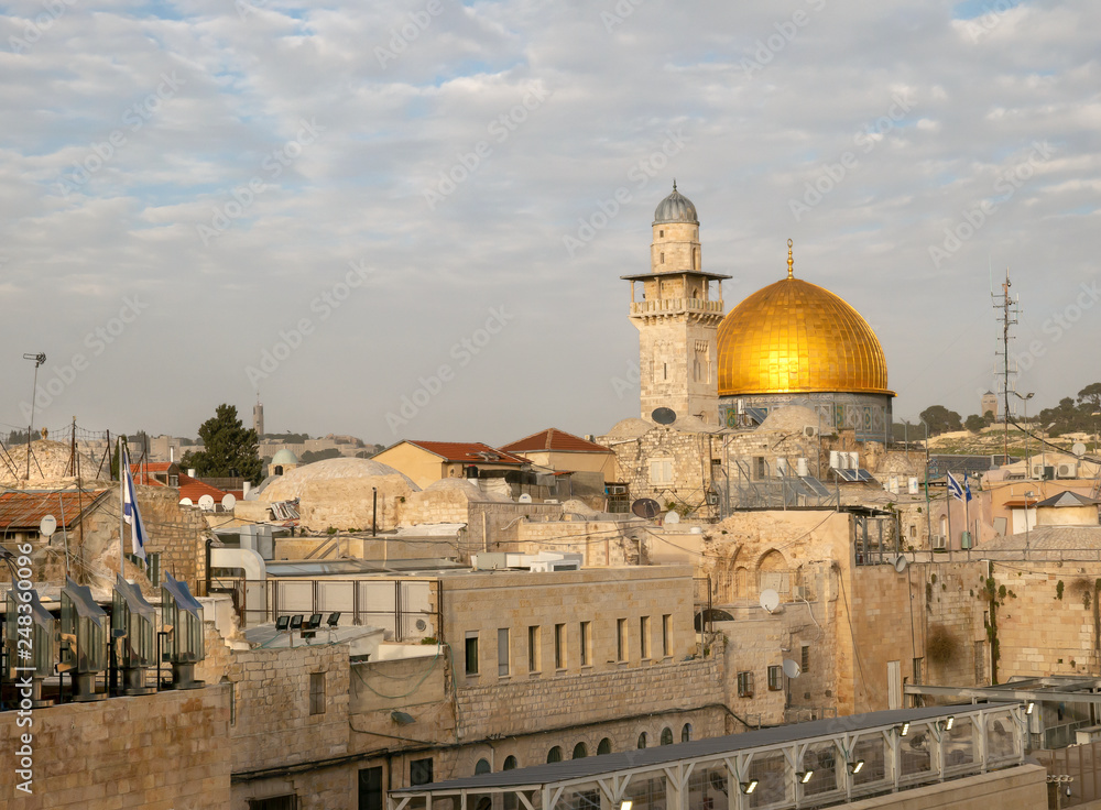 Cloudy sky over Golden Dome of The Rock on the Temple Mount in the Old City of Jerusalem