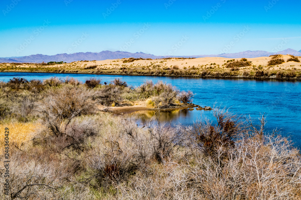 The Colorado River flowing through the Mojave Desert on the border of Arizona and California