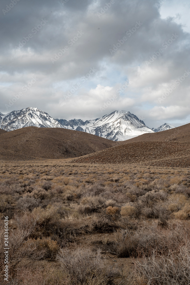 brown winter desert valley landscape with brown rolling hills, snowy mountain peaks of Sierra Nevada and gray cloudy sky in California, USA