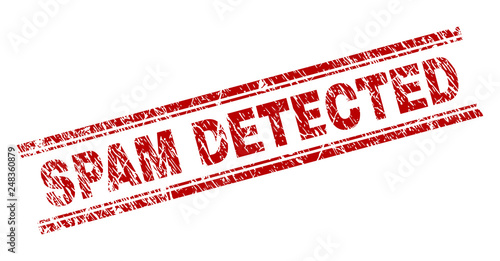 SPAM DETECTED seal print with grunge texture. Red vector rubber print of SPAM DETECTED text with scratched texture. Text label is placed between double parallel lines.