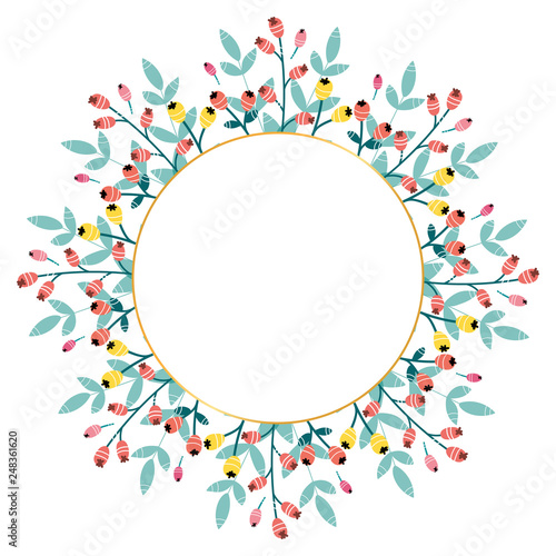 Spring wreath, different flowers and plants. Place for text. Vector illustration. Ready design for poster, flyer, greeting card or banner.