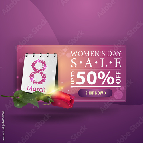 Women's day discount modern purple banner with rose and calendar