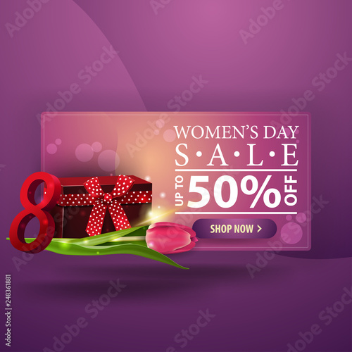 Women's day discount modern purple banner with gift and Tulip