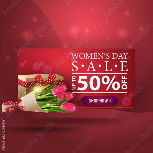 Women's day discount modern red banner with bouquet of tulips