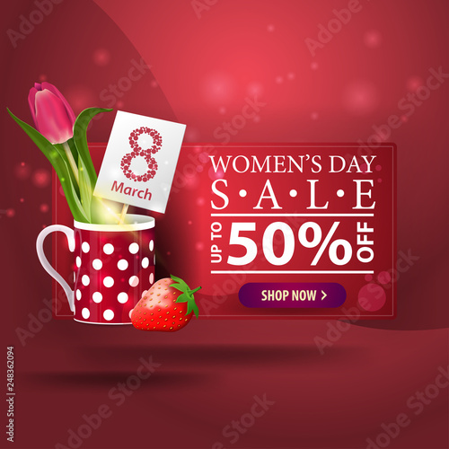 Women's day discount modern red banner with tulip in a mug