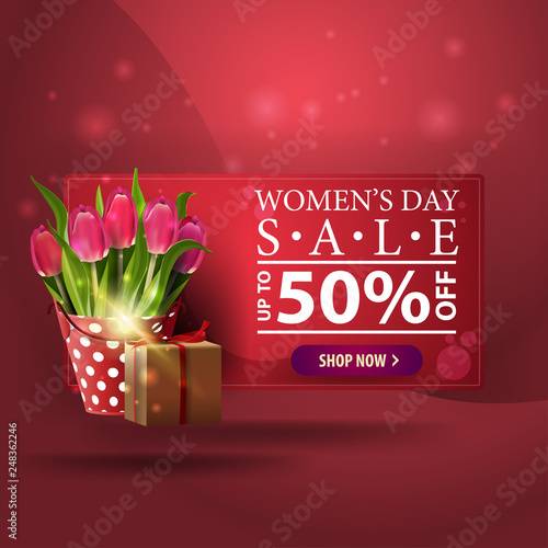 Women's day discount modern red banner with bucket with tulips and gift