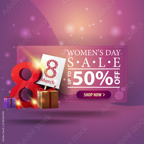 Women's day discount modern pink banner with gifts with the number eight