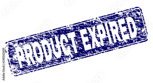PRODUCT EXPIRED stamp seal print with grunge style. Seal shape is a rounded rectangle with frame. Blue vector rubber print of PRODUCT EXPIRED text with grunge style.