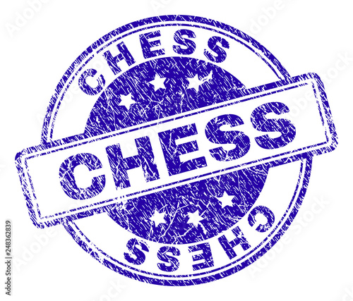 CHESS stamp seal imprint with distress texture. Designed with rounded rectangles and circles. Blue vector rubber print of CHESS tag with dust texture.