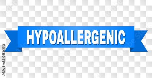 HYPOALLERGENIC text on a ribbon. Designed with white title and blue stripe. Vector banner with HYPOALLERGENIC tag on a transparent background.