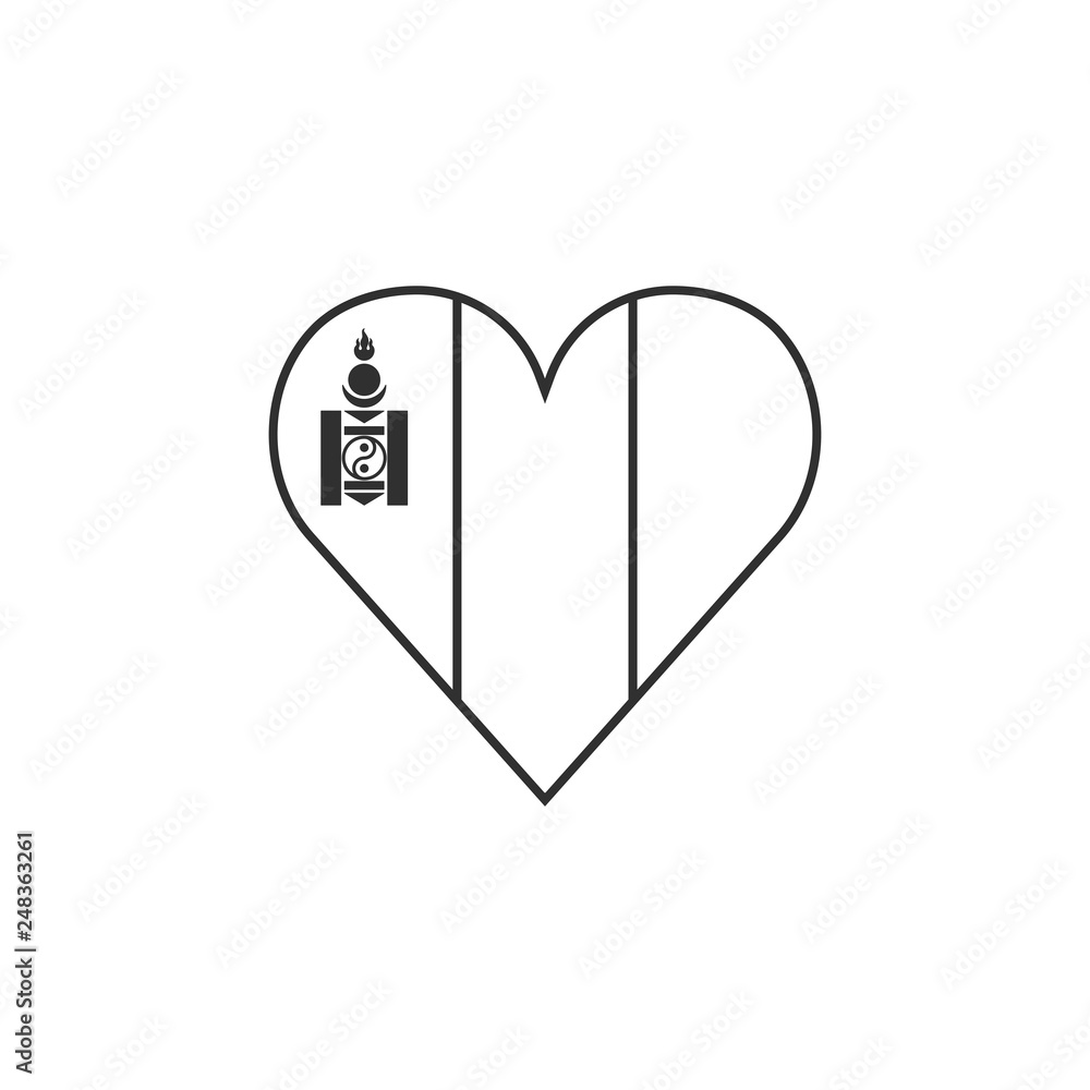 Fototapeta premium Mongolia flag icon in a heart shape in black outline flat design. Independence day or National day holiday concept.