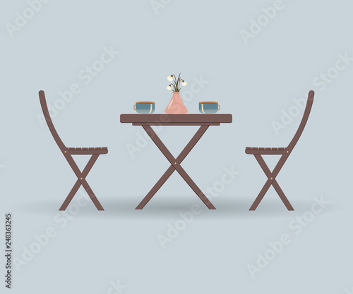 Wooden garden furniture or a set of furniture for the balcony: a  folding table and chairs on a blue background. On table dusty pink vase with flowers and a Cup of coffee or tea.Vector illustration