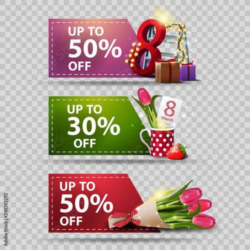 Three discount banners for Women's day with gifts
