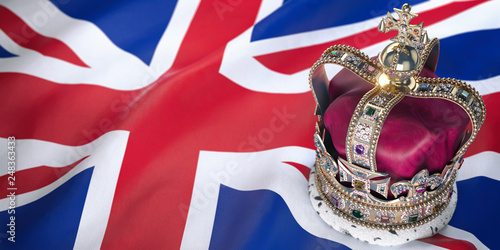 Royal golden crown with jewels on british  flag. Symbols of UK United Kingdom. photo