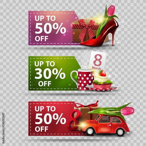 Three discount banners for Women's day with gifts