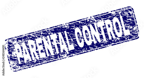 PARENTAL CONTROL stamp seal print with grunge style. Seal shape is a rounded rectangle with frame. Blue vector rubber print of PARENTAL CONTROL text with corroded style.