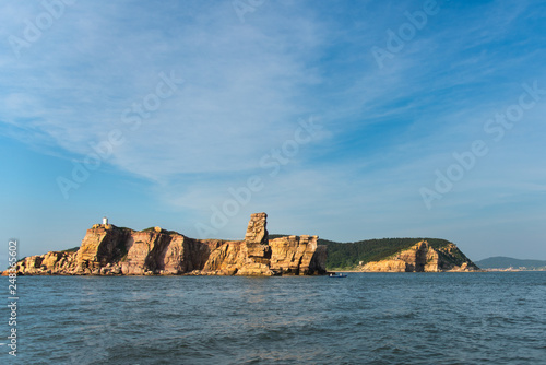 Lijubadao, one of the Changdao Islands, Shandong, China. Seen from the north with the prominent sea stack in the foreground. The island behind ia Xiaoheishandao.