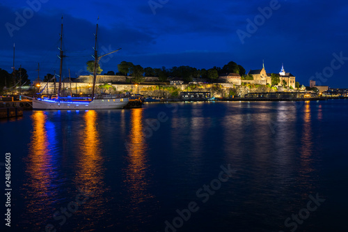 Night view of the Akershus fortress  the medieval castle built to protect Oslo  Norway