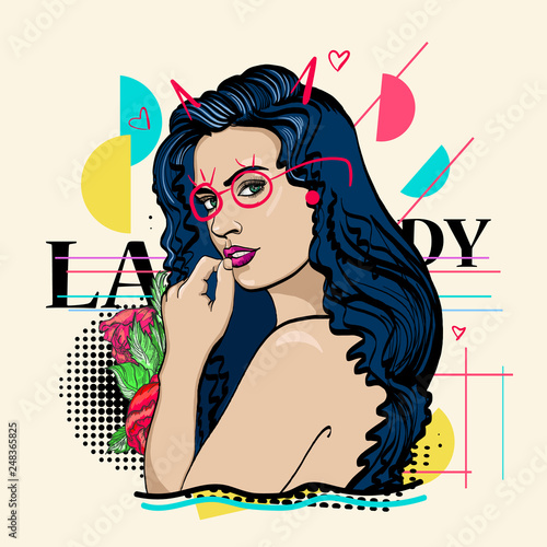 Fashion woman. Zine culture style. Hand drawn vector art, contemporary collage. Elegant romantic girl