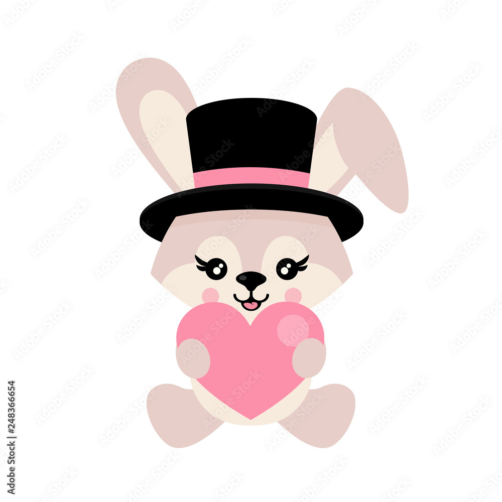 cartoon cute bunny withhat and heart sits vector cartoon cute bunny withhat and heart sits vector