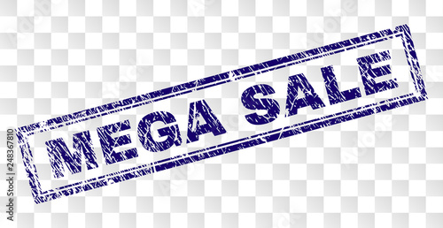 MEGA SALE stamp seal print with rubber print style and double framed rectangle shape. Stamp is placed on a transparent background. Blue vector rubber print of MEGA SALE title with unclean texture.
