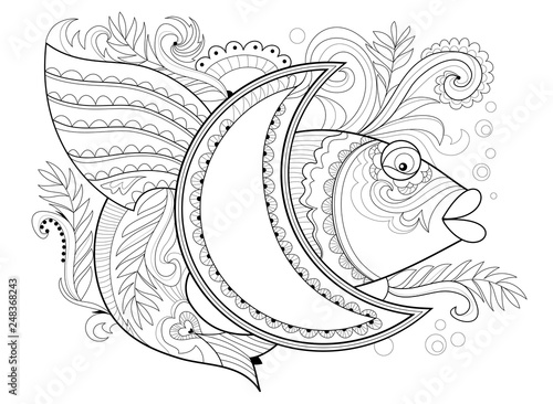 Black And White Page For Coloring Book Fantasy Drawing Of Fairyland Fish And Moon Pattern For Print Embroidery Henna Mehndi Tattoo And Decoration Worksheet For Children And Adults Vector Image Stock Vector Black And White Page For Coloring Book Fantasy Drawing Of Fairyland Fish And Moon Pattern For Print Embroidery Henna Mehndi Tattoo And Decoration Worksheet For Children And Adults Vector Image Stock Vector