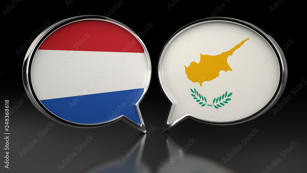 Netherlands and Cyprus flags with Speech Bubbles. 3D illustration Netherlands and Cyprus flags with Speech Bubbles. 3D illustration