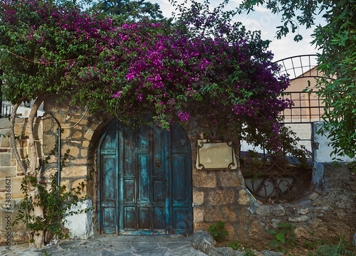 Mediterranean old hystorical city views Side Turkey blooming begonville photo