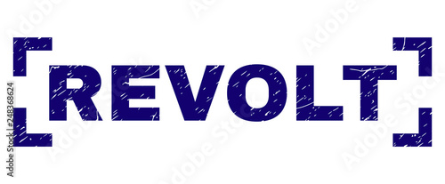 REVOLT label seal print with grunge style. Text label is placed inside corners. Blue vector rubber print of REVOLT with scratched texture.