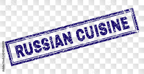RUSSIAN CUISINE stamp seal print with grunge style and double framed rectangle shape. Stamp is placed on a transparent background.