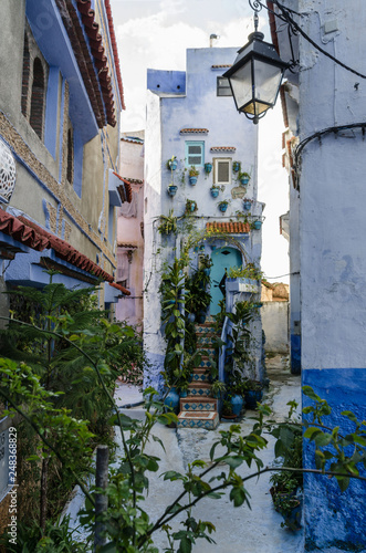 Amazing Morocco, blue city of Chefchaouen, narrow streets, blue walls, unusual atmosphere of the city © sjv156