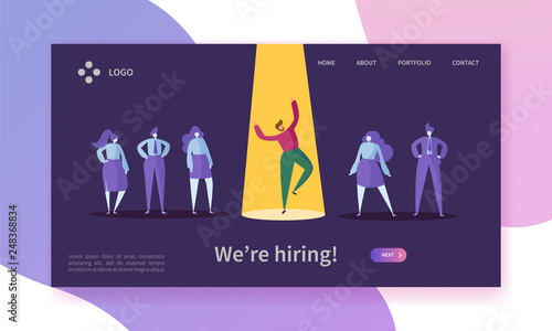 Business Job Recruitment Concept Landing Page. Employer Choosing Professional Man Character of Candidate Group. Hiring Human Resources Website or Web Page. Flat Cartoon Vector Illustration