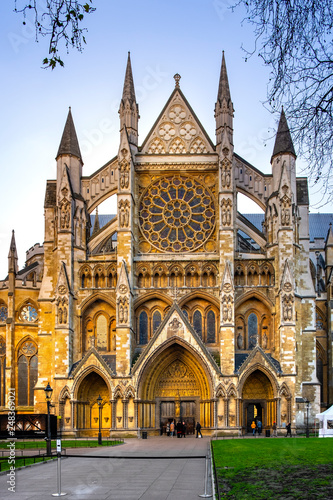 London, United Kingdom - Northern entrance to the royal Westminster Abbey, formally Collegiate Church of St. Peter at Westminster at the Dean’s Yard in Central London
