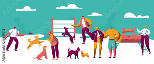 Owner Training Command Different Breed Funny Dog. Collection of Happy Man Woman Pet Play Together. Friendship between Animal and Human. People Talking Love Puppy Flat Cartoon Vector Illustration