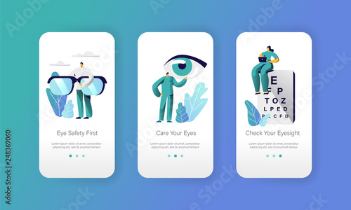 Ophthalmologist Doctor Test Eyesight on Text Chart Mobile App Page Onboard Screen Set. Professional Oculist Analysis Eye Diopter. Laser Treatment for Eye Website Flat Cartoon Vector Illustration