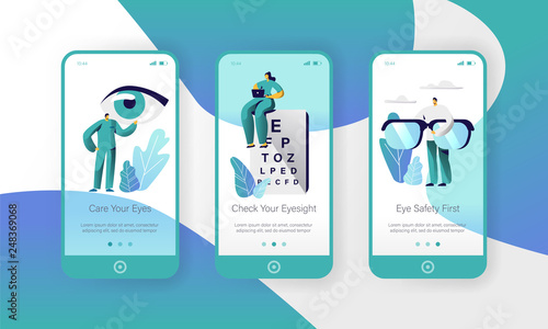 Ophthalmology Doctor Test Eyesight on Text Board Mobile App Page Onboard Screen Set. Professional Oculist Character Analysis Eye Health. Treatment Eyewear Website Flat Cartoon Vector Illustration