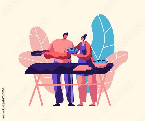 Couple Cooking Fresh Salad Outdoor. Husband and Wife Prepare Dinner Together. Man With Pan and Woman With Bowl Character Eat Vegetable. Happy Family Flat Cartoon Vector Illustration