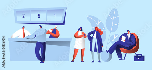 Bank Office Reception Work People. Client Talking to Manager about Deposit or Cash Operation. Bank Worker Providing Service to Customer. Customer Waiting in Queue Flat Cartoon Vector Illustration.