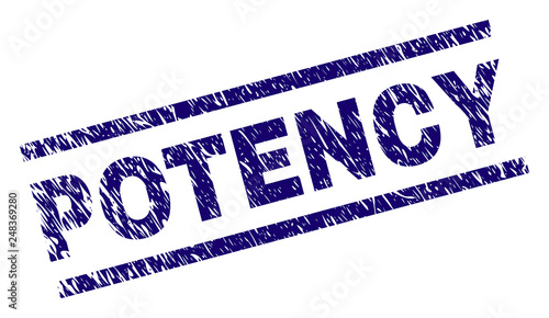 POTENCY seal print with distress style. Blue vector rubber print of POTENCY label with dirty texture. Text label is placed between parallel lines.