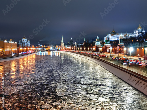 Panorama view of Moscow-river, Kremlin, Ivan the Great Bell tower, Grand Kremlin Palace, Cathedral of the Annunciation. Moscow, Russia.