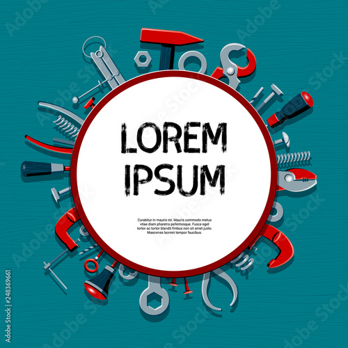 Vector illustration of the contents of a builder toolbox. Household tools arranged in a design composition. Tools of a handyman for business card, master class flyer, banner, web and print designs.